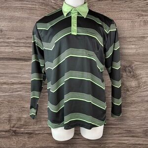 686 Polo Shirt Men's Large Green Striped Collard Snowboard Performance-Dry (159)